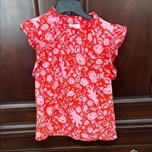Red & Pink Floral Ruffle Sleeve Women's Top